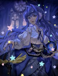 1girl absurdres arknights astesia_(arknights) blue_eyes blue_hair blue_ribbon blue_skirt bright_pupils collared_dress dress highres holding_orb indoors layered_dress long_hair long_sleeves looking_at_viewer open_mouth puffy_long_sleeves puffy_sleeves ribbon shirt skirt smile solo star_(symbol) sword weapon white_pupils white_shirt window wuchang63702