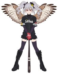 1girl baseball_bat baseball_cap baseball_jersey bird_wings black_boots black_bow black_thighhighs boots bow drill_hair female_focus fukuoka_softbank_hawks full_body gloves grey_hair hair_between_eyes hair_bow hat high_heel_boots high_heels idolmaster idolmaster_cinderella_girls jersey kanzaki_ranko lace-up_boots layered_sleeves long_sleeves looking_at_viewer mini_hat nigou nippon_professional_baseball red_eyes red_gloves short_over_long_sleeves short_sleeves simple_background skindentation smile solo thighhighs twin_drills white_background wings