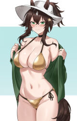1girl animal_ears arknights bikini black_choker breasts brown_hair choker coat collarbone commentary cowboy_shot ears_through_headwear english_commentary fangs_(fangs_art) gold_bikini green_coat green_eyes hair_ornament hat highres horse_ears horse_girl horse_tail large_breasts looking_at_viewer meteor_(arknights) navel ponytail smile solo star_(symbol) star_hair_ornament stomach sun_hat swimsuit tail thighs two-tone_background