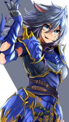 1girl animal_ears arm_up armor bandage_on_face bandages belt blue_armor blue_eyes blue_hair body_armor cat_ears cat_girl cat_tail commission dragoon facial_mark fang final_fantasy final_fantasy_xiv freckles gauntlets highres miqo&#039;te pauldrons shoulder_armor tail that_70s_mexi warrior_of_light_(ff14) yellow_trim