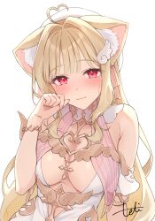 1girl absurdres ahoge animal_ear_fluff animal_ears armpit_crease bare_shoulders blonde_hair blush bracelet breasts cat_ears cat_girl closed_mouth commentary cross_ornament detached_collar dress hair_intakes hair_ornament hand_up hat heart heart-shaped_pupils heart_ahoge highres jewelry kemomimi_refle! long_hair looking_at_viewer medium_breasts mole mole_under_eye nekoma_karin pink_nails red_eyes signature simple_background sleeveless sleeveless_dress smile solo symbol-shaped_pupils teti upper_body very_long_hair virtual_youtuber white_background white_dress white_hat wing_hair_ornament