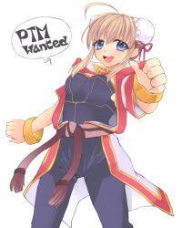 1girl ahoge black_bodysuit blue_eyes bodysuit breasts brown_hair bun_cover coat commentary_request cowboy_shot double_bun draw2_(milkcrown) hair_bun hair_ribbon highres looking_at_viewer medium_breasts monk_(ragnarok_online) multicolored_coat open_clothes open_coat open_mouth ragnarok_online red_coat red_ribbon ribbon short_hair short_sleeves sidelocks simple_background smile solo two-tone_coat white_background white_coat