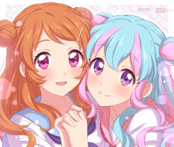 Rule 34 | 2girls, :d, absurdres, aikatsu! (series), aikatsu stars!, blue hair, blue sailor collar, blush, brown hair, closed mouth, dated, double bun, donut hair bun, english text, hair bun, hair ornament, hairclip, hanazono kirara, hand up, happy birthday, highres, holding hands, interlocked fingers, long hair, looking at viewer, multicolored hair, multiple girls, ozora akari, open mouth, pink eyes, pink hair, purple neckwear, red neckwear, sailor collar, school uniform, sekina, serafuku, shirt, smile, streaked hair, white shirt