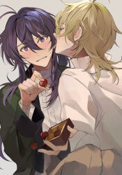 Rule 34 | 2boys, ahoge, blonde hair, blush, box, box of chocolates, brown pants, candy, casual, chocolate, chocolate heart, cowboy shot, ensemble stars!, food, from behind, green jacket, grey background, hair between eyes, hair intakes, hakaze kaoru, half-closed eyes, hand up, heart, heart-shaped food, high collar, highres, holding, holding box, holding food, jacket, kanzaki souma, kaoso, kiss, kissing ear, long hair, long sleeves, looking at viewer, medium hair, multiple boys, pants, ponytail, purple eyes, purple hair, shirt, sidelocks, surprise kiss, surprised, sweatdrop, sweater, turtleneck, turtleneck sweater, v-shaped eyebrows, wavy mouth, white shirt, white sweater, wide-eyed, wolf cut, yaoi