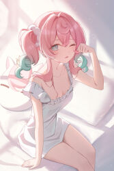 1girl absurdres aqua_eyes aqua_hair breasts cleavage commentary_request highres honkai:_star_rail honkai_(series) hyacine_(honkai:_star_rail) little_ica_(honkai:_star_rail) medium_hair momyong multicolored_hair nightgown one_eye_closed parted_lips pink_hair rubbing_eyes sitting small_breasts solo twintails two-tone_hair waking_up white_nightgown
