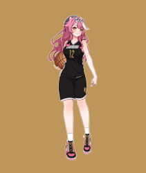 1girl animal_ears ball basketball_(object) basketball_jersey basketball_uniform black_hat black_shorts breasts brown_background commentary english_commentary full_body goggles goggles_on_head hat highres holding holding_ball hololive hololive_english large_breasts multicolored_hair panther_ears panther_girl pink_hair pink_shoes raora_panthera shoes shorts smile sneakers snkagawa solo sportswear streaked_hair two-tone_hair virtual_youtuber