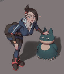 1boy 1girl artist_name ass bent_over black_footwear black_hair black_pants black_robe blue_eyes blue_hoodie blue_pants blue_robe boots breasts eyebrows eyelashes freckles full_body gen_4_pokemon gradient_pants grey_background hair_ornament half-closed_eyes hand_on_another&#039;s_head hand_on_own_knee highres hood hood_down hoodie large_breasts long_sleeves looking_at_another looking_to_the_side mai_(pokemon) mole mole_under_mouth munchlax nintendo open_mouth pants pokemon pokemon_(creature) pokemon_legends:_arceus red_footwear robe shirt short_hair short_sleeves simple_background size_difference standing teeth two-tone_footwear two-tone_pants two-tone_robe white_shirt wjs07