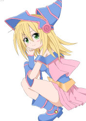 1girl absurdres bare_shoulders blonde_hair blue_boots blue_hat blush_stickers boots closed_mouth commentary cynical_(llcbluckg_c004) dark_magician_girl duel_monster from_side green_eyes hat highres long_hair looking_at_viewer pink_skirt showgirl_skirt skirt solo squatting yu-gi-oh!