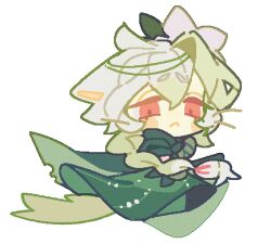 1girl :&lt; animal_ears braid cape cat_ears cat_tail chis74 closed_mouth cookie_run cookie_run:_kingdom dress full_body green_cape green_dress long_hair looking_at_viewer pink_eyes sidelocks solo tail very_long_hair white_hair white_lily_cookie