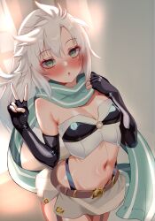 1girl absurdres blush breasts cleavage crop_top eiyuu_densetsu elbow_gloves fie_claussell fingerless_gloves floating_hair gloves green_eyes hair_between_eyes highres indoors looking_at_viewer navel parted_bangs scarf sen_no_kiseki sen_no_kiseki_(series) sen_no_kiseki_iii shorts sidelocks small_breasts solo upper_body v white_hair window yuzi124