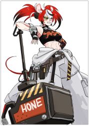 1girl absurdres animal_ears bare_shoulders black_hair blue_eyes cosplay crop_top eyepatch fingerless_gloves gloves hair_between_eyes hair_ornament hakos_baelz highres hololive hololive_english koleda_belobog koleda_belobog_(cosplay) midriff mouse_ears mouse_girl mouse_tail multicolored_hair navel red_hair sleeveless streaked_hair tail twintails virtual_youtuber weapon white_background white_hair yorobisan zenless_zone_zero