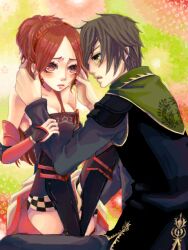 Rule 34 | armor, black thighhighs, blush, breasts, brown hair, cleavage, coat, corset, crossed legs, date masamune, earrings, haco, hand on another&#039;s arm, hand on another&#039;s face, jewelry, kaihime, legs, lips, lipstick, long hair, makeup, parted bangs, ponytail, pout, red eyes, sengoku musou, thighhighs, thighs, yellow eyes