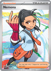 1girl arm_up artist_name black_hair breast_pocket card_(medium) character_name collared_shirt company_name copyright_name copyright_notice dark-skinned_female dark_skin english_text eyelashes freckles green_hair long_hair multicolored_hair naranja_academy_school_uniform necktie nemona_(pokemon) nintendo official_art orange_eyes orange_necktie orange_shorts pocket pokemon pokemon_card pokemon_tcg sakuma_sanosuke school_uniform shirt shoes short_sleeves shorts smile solo third-party_source trading_card two-tone_hair white_shirt