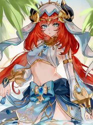 Rule 34 | 1girl, absurdres, blue eyes, blue skirt, breasts, brooch, crop top, fake horns, genshin impact, highres, horns, inishie no tanaka, jewelry, long hair, long sleeves, looking at viewer, medium breasts, midriff, navel, nilou (genshin impact), red hair, skirt, solo, standing, stomach, veil, very long hair