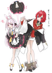 !? +_+ 2girls 3znk :d absurdres ahoge ange_katrina ange_katrina_(1st_costume) animal_ears ankle_boots ankle_bow ankle_ribbon apron ass asymmetrical_legwear black_boots black_coat black_gloves black_shoes black_skirt blue_eyes blush boots bow breasts butt_crack cardigan coat commentary_request crossed_bangs dress female_pervert frilled_apron frilled_gloves frilled_shirt frilled_skirt frills full_body garter_straps gloves hair_between_eyes hair_intakes hair_lift heart high_heels highres indie_virtual_youtuber layered_skirt leaning_forward leg_ribbon long_bangs long_hair long_sleeves looking_at_another looking_at_ass looking_back maid_headdress miniskirt multicolored_hair multiple_girls multiple_views necktie nijisanji off_shoulder open_mouth pervert pink_eyes pink_hair rabbit_ears rabbit_girl rabbit_tail raised_eyebrows red_cardigan red_hair ribbon sailor_collar shirt shoes short_dress short_eyebrows short_hair short_sleeves simple_background single_thighhigh skirt small_breasts smile socks standing streaked_hair surprised tail thick_eyebrows thighhighs tomari_mari translation_request two-tone_hair uneven_legwear very_long_hair virtual_youtuber waist_apron white_apron white_background white_dress white_headdress white_sailor_collar white_shirt white_socks white_thighhighs yellow_bow yellow_necktie
