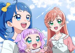3girls absurdres aqua_eyes blue_eyes blue_hair blue_sky bow bowtie carrying casual child_carry cloud cloudy_sky commentary cut_bangs day dress ellee-chan green_eyes hair_bow hair_bun highres hirogaru_sky!_precure long_hair looking_to_the_side medium_hair multiple_girls nijigaoka_mashiro open_mouth outdoors pink_dress pink_hair precure purple_hair shirt side_ponytail single_hair_bun single_sidelock sky smile sora_harewataru t-shirt tsukikage_oyama two-tone_dress white_bow white_bowtie white_dress white_shirt yellow_bow