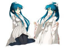 1girl aqua_eyes arms_behind_back black_pantyhose black_ribbon blue_hair blunt_bangs bow breasts buttons chihaya_(clothing) closed_mouth collar collared_dress dress expressionless frilled_collar frills hair_bow hands_up highres long_hair long_sleeves minato_hikaru multiple_views pandemonic_planet_(wmzplanet) pantyhose parted_lips ponytail ribbed_dress ribbon sash sidelocks small_breasts soukou_akki_muramasa very_long_hair white_bow white_dress white_sash wide_sleeves