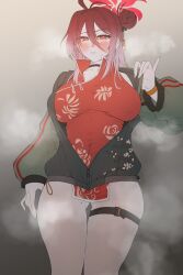 1girl absurdres belt blue_archive blush breasts chinese_clothes choker dress gluteal_fold hair_between_eyes hair_bun halo highres jacket large_breasts long_hair long_sleeves mole mole_on_collarbone mole_on_thigh mole_under_eye nompang partially_unzipped red_eyes red_hair reijo_(blue_archive) single_side_bun solo thigh_belt thigh_gap thigh_strap thighs