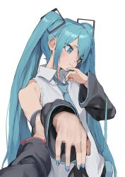 1girl aqua_eyes aqua_hair black_sleeves closed_mouth detached_sleeves grey_shirt hatsune_miku highres long_hair pocche-ex pov shirt simple_background sleeveless sleeveless_shirt solo_focus upper_body very_long_hair vocaloid white_background