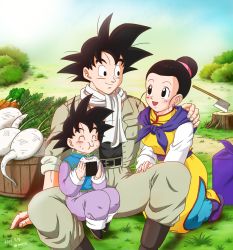 10s 1girl 2015 2boys :d ^_^ artist_name axe belt black_eyes black_hair carrot chi-chi_(dragon_ball) child chinese_clothes closed_eyes dated day dragon_ball dragon_ball_super eating family father_and_son food grass highres husband_and_wife kneeling masa_(p-piyo) mother_and_son multiple_boys on_lap onigiri open_mouth outdoors scarf sitting smile son_goku son_goten spiked_hair tree_stump turnip weapon