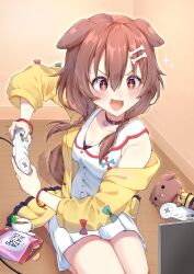 +_+ 1girl :3 absurdres animal_collar blush bone_hair_ornament braid brown_eyes brown_hair chips_(food) collar commentary controller cup dog_girl dog_tail dress drink dual_persona english_commentary eyelashes fangs food game_controller hair_ornament highres holding holding_controller holding_game_controller hololive indoors inugami_korone inugami_korone_(1st_costume) inugami_korone_(dog) jacket kghazir long_hair long_sleeves lying on_side open_clothes open_jacket open_mouth playing_games potato_chips redrawn single_bare_shoulder sitting smile sparkle tail teacup teeth tongue tongue_out twin_braids upper_teeth_only v-shaped_eyebrows virtual_youtuber white_dress yellow_jacket