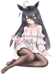 1girl absurdres ahoge animal_ears bare_shoulders black_hair black_pantyhose blush choker closed_mouth dress eyes_visible_through_hair hair_over_one_eye highres horse_ears horse_girl long_hair looking_at_viewer manhattan_cafe_(umamusume) no_shoes off-shoulder_dress off_shoulder pantyhose sidelocks solo tsuyusora umamusume white_choker white_dress yellow_eyes