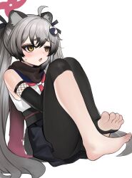 1girl absurdres ahoge animal_ear_fluff animal_ears ass asymmetrical_legwear barefoot black_gloves black_pantyhose black_skirt blue_archive blue_sailor_collar brown_eyes commentary_request dokomon elbow_gloves gloves grey_hair hair_between_eyes halo highres knees_up korean_commentary long_hair michiru_(blue_archive) ninja no_shoes obi panties panties_under_pantyhose pantyhose pleated_skirt raccoon_ears raccoon_hair_ornament sailor_collar sash school_uniform serafuku shirt short_eyebrows simple_background sitting skirt sleeveless sleeveless_shirt soles solo thick_eyebrows toes twintails underwear very_long_hair white_background white_panties white_shirt