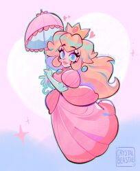 1girl artist_name brooch chest_jewel closed_mouth commentary crown crystalbeastie english_commentary eyelashes heart highres holding holding_umbrella jewelry long_hair looking_at_viewer mario_(series) nintendo princess_peach raised_eyebrows smile solo star_(symbol) umbrella very_long_hair watermark