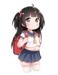 1girl ahoge backpack bag black_eyes blue_sailor_collar child closed_mouth commentary cropped_legs hair_ornament hairclip highres long_hair midriff miniskirt navel neckerchief original pleated_skirt randoseru red_bag sailor_collar school_uniform serafuku shirt short_sleeves simple_background skirt smile solo symbol-only_commentary tamase_tama thighhighs two_side_up white_background white_shirt white_thighhighs yellow_neckerchief