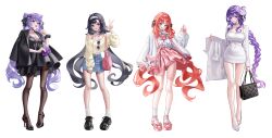 4girls absurdres alternate_costume aqua_eyes bag black_bag black_dress black_hair black_jacket black_scrunchie black_shoes blue_skirt bow bowtie bra bracelet breasts brown_pantyhose casual character_hair_ornament choker cleavage coat collared_shirt cone_hair_bun covered_navel denim denim_skirt dress fashion floating_hair flower full_body genshin_impact gluteal_fold hair_bun hair_flower hair_ornament hairband hairclip hand_up handbag high_heels highres holding holding_bag holding_coat holding_unworn_clothes incredibly_absurdres jacket jacket_on_shoulders jewelry keqing_(genshin_impact) kuromi lan_yan_(genshin_impact) long_hair long_sleeves looking_at_viewer looking_to_the_side low_twintails multiple_girls my_melody myless nilou_(genshin_impact) onegai_my_melody open_clothes open_jacket open_mouth panties pantyhose parted_lips pink_bag pink_bow pink_bowtie pink_eyes pink_panties pink_shoes pink_skirt purple_bag purple_eyes purple_hair raiden_shogun red_hair sanrio scrunchie shirt shirt_tucked_in shoes shoulder_bag simple_background skirt smile socks standing sunglasses teeth twintails underwear unworn_coat unworn_eyewear upper_teeth_only very_long_hair white_background white_choker white_flower white_hairband white_jacket white_shirt white_shoes white_socks wrist_scrunchie yellow_shirt