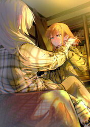2girls absurdres between_legs black_jacket blue_eyes blush bookshelf closed_mouth commentary girls_band_cry grey_hair grey_pants grey_shirt highres hips_in_air indoors iseri_nina jacket kawaragi_momoka long_hair multiple_girls pants plaid_clothes plaid_shirt shirt short_twintails sweatdrop twintails ydpfa yuri
