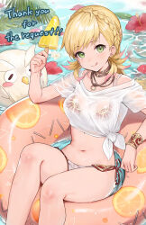 1girl ball beachball bikini bird blonde_hair blush bracelet braid breasts brown_bikini brown_choker character_ball choker cleavage closed_mouth collarbone crown_braid feh_(fire_emblem_heroes) fire_emblem fire_emblem_heroes flower food green_eyes haru_(nakajou-28) highres holding holding_food holding_popsicle innertube jewelry long_hair looking_at_viewer medium_breasts multicolored_hair navel necklace nintendo ocean owl palm_leaf pink_hair popsicle see-through_clothes see-through_shirt sharena_(fire_emblem) shirt short_sleeves smile stomach streaked_hair swim_ring swimsuit tied_shirt tongue tongue_out water wet wet_clothes wet_shirt white_bikini white_shirt