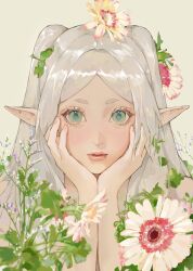 1girl blurry depth_of_field elf eyelashes flower frieren green_eyes hair_flower hair_ornament hands_on_own_cheeks hands_on_own_face head_on_hand highres lipgloss long_hair looking_at_viewer pale_skin parted_bangs pointy_ears portrait short_eyebrows simple_background solo sousou_no_frieren sumi_(suumiko_) twintails white_hair