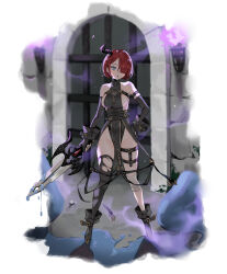 1girl :o arm_strap bandaged_leg bandages bare_shoulders belt black_belt black_boots black_dress black_gloves black_thighhighs blue_eyes bob_cut boots breasts commentary demon_horns dot_nose dress dripping elbow_gloves fire full_body gate gloves hair_over_one_eye halterneck highres holding holding_sword holding_weapon horns large_breasts open_mouth original oto1_030 partially_fingerless_gloves pelvic_curtain purple_fire red_hair short_hair sideboob single_horn single_thighhigh skindentation solo standing sword symbol-only_commentary teeth thigh_strap thighhighs torch torn_clothes torn_thighhighs upper_teeth_only weapon