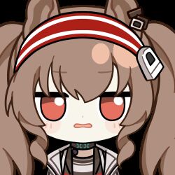 ... 1girl angelina_(arknights) animal_ears animated animated_gif arknights black_choker blush brown_hair chinese_commentary choker coat commentary_request dot_nose earpiece fox_ears hair_between_eyes hairband head_tilt infection_monitor_(arknights) jacket long_hair lowres material_growth open_clothes open_coat open_jacket oripathy_lesion_(arknights) partially_shaded_face red_eyes red_hairband red_jacket simple_background skland_1530589596514 solo striped_clothes striped_hairband transparent_background twintails two-tone_hairband wavy_mouth white_coat zooming_out