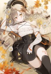 1girl autumn_leaves beret black_skirt black_thighhighs brown_hat closed_mouth earrings hand_up hat highres jacket jacket_on_shoulders jewelry leaf long_hair long_sleeves looking_at_viewer lying miwano_rag original outdoors shirt_tucked_in skirt solo thighhighs yellow_eyes zettai_ryouiki