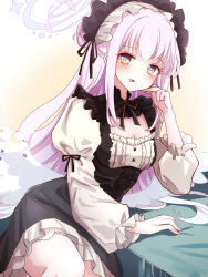 1girl alternate_costume angel angel_wings black_dress blue_archive blush breasts cleavage cowboy_shot dress halo headdress highres jirai_kei komena_(shinyday312) lolita_fashion looking_at_viewer low_wings mika_(blue_archive) pink_hair smile solo table white_sleeves wings yellow_eyes
