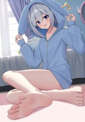 1girl absurdres amane_kanata barefoot blush feet gonza3_v grey_hair highres hololive hood hoodie looking_at_viewer medium_hair open_mouth purple_eyes soles toes wings