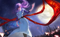 1girl 300_heroes black_sclera blood breasts building city colored_sclera dress dutch_angle full_moon glasses hand_up kagune_(tokyo_ghoul) kamishiro_rize light long_hair moon night official_art purple_hair red_eyes semi-rimless_eyewear smile solo star_(sky) third-party_source tokyo_ghoul