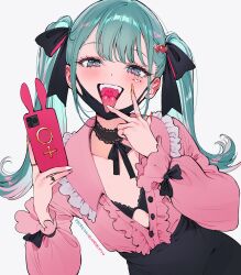 Rule 34 | 1girl, absurdres, aqua eyes, aqua hair, black choker, black skirt, blush, cellphone, choker, commentary, fingernails, hair ornament, hand up, hatsune miku, heart, heart hair ornament, highres, holding, holding phone, long fingernails, long hair, long sleeves, looking at viewer, open mouth, paid reward available, phone, qiandaiyiyu, shirt tucked in, simple background, skirt, smartphone, smile, solo, teeth, tongue, tongue out, twintails, upper teeth only, v, vampire (vocaloid), vocaloid, white background