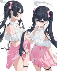 1girl bare_shoulders black_hair blue_archive blush bow breasts dema_hmw double_bun earrings grey_eyes hair_bow hair_bun halo highres jewelry kisaki_(blue_archive) long_hair looking_at_viewer multiple_views necklace panties pink_panties pink_skirt shirt skirt small_breasts thighs twintails underwear white_shirt