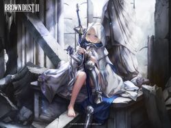 1girl barefoot blonde_hair blue_eyes boots brown_dust_(series) brown_dust_2 cloak feet highres justia_(brown_dust) light_blush looking_at_viewer medium_hair official_art official_wallpaper right_shoe_removed shoes sword toes unworn_boots unworn_shoes weapon