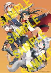 4girls alternate_costume animal_costume artist_request black_hair blue_eyes blush charlotte_e._yeager dark-skinned_female dark_skin eila_ilmatar_juutilainen francesca_lucchini green_eyes grey_hair hat highres image_sample lamp long_hair multiple_girls mummy_costume no_pants official_alternate_costume official_art open_mouth orange_background orange_hair panties sanya_v._litvyak short_hair simple_background strike_witches twintails underwear vampire_costume white_hair witch witch_hat wolf_costume world_witches_series