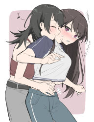 2girls bang_dream! bang_dream!_it&#039;s_mygo!!!!! belt black_belt blue_pants blush breasts camisole closed_eyes closed_mouth commentary_request crop_top crop_top_overhang grey_skirt hand_under_clothes highres hug hug_from_behind large_breasts lehcar long_hair mole mole_under_eye multiple_girls open_mouth pants purple_eyes red_camisole shiina_taki shirt short_sleeves skirt sweatdrop translation_request white_shirt yahata_umiri yuri