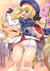 1boy 1girl artoria_caster_(fate) artoria_caster_(second_ascension)_(fate) artoria_pendragon_(fate) ass bare_legs blue_capelet blue_hat blush bright_pupils butt_crack capelet clothes_lift crotch_seam dress dress_lift fate/grand_order fate_(series) flustered from_behind gloves green_eyes hat highres holding holding_staff long_hair long_sleeves looking_back open_mouth panties pleated_dress pov pov_hands shimouki_izui skirt skirt_flip staff staff_of_selection_(fate) sword trefoil underwear w_arms weapon white_dress white_panties white_pupils