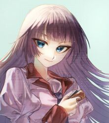1girl absurdres aqua_background bakemonogatari blue_eyes breasts closed_mouth collared_shirt eyelashes hand_up hatsumi_aoi highres holding juliet_sleeves long_hair long_sleeves looking_at_viewer medium_breasts monogatari_(series) naoetsu_high_school_uniform necktie pink_shirt puffy_sleeves purple_hair purple_necktie school_uniform senjougahara_hitagi shirt simple_background smile solo stapler upper_body very_long_hair watermark