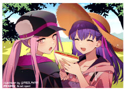 2girls black_hat black_jacket blue_sky breasts closed_eyes fate/grand_order fate_(series) food fur-trimmed_headwear fur_trim hair_ribbon hat hood hooded_sweater jacket large_breasts long_hair long_sleeves looking_back matou_sakura medusa_(fate) medusa_(saber)_(fate) medusa_(saber)_(first_ascension)_(fate) meiji_ken multiple_girls open_mouth overalls parted_bangs pink_sweater purple_eyes purple_hair ribbon sakura_(paper_moon) sandwich sidelocks sky smile straw_hat sweater tree twintails very_long_hair