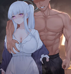 1boy 1girl abs black_shorts blue_archive breasts bulge cleavage closed_mouth collarbone commentary english_commentary grabbing_another&#039;s_breast groping halo jjanda long_hair mixed-language_commentary muscular muscular_male noa_(blue_archive) noa_(pajamas)_(blue_archive) official_alternate_costume pajamas penis_grab ponytail purple_eyes shorts sidelocks smile steaming_body sweat white_pajamas