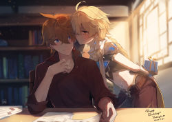 Rule 34 | 2boys, absurdres, aether (genshin impact), ahoge, black shirt, blonde hair, blue eyes, blurry, blurry background, blush, bookshelf, braid, crop top, dated, depth of field, earrings, genshin impact, gift, hair between eyes, happy birthday, highres, holding, holding gift, indoors, jewelry, long hair, male focus, midriff, multiple boys, navel, orange eyes, orange hair, red shirt, sakusakuagetate, shirt, short hair, single braid, single earring, sitting, tartaglia (genshin impact), tassel, tassel earrings, yaoi
