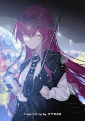 1girl alternate_costume artist_name black_jacket black_necktie breasts chinese_commentary closed_mouth collared_shirt commentary_request cup disposable_coffee_cup disposable_cup earrings eyewear_on_head glasses highres holding holding_cup honkai:_star_rail honkai_(series) jacket jewelry kafka_(honkai:_star_rail) large_breasts looking_at_viewer necktie one_eye_closed pince-nez purple_eyes purple_hair rain round_eyewear shirt smile solo spider_web_print srpzk sunglasses white_shirt